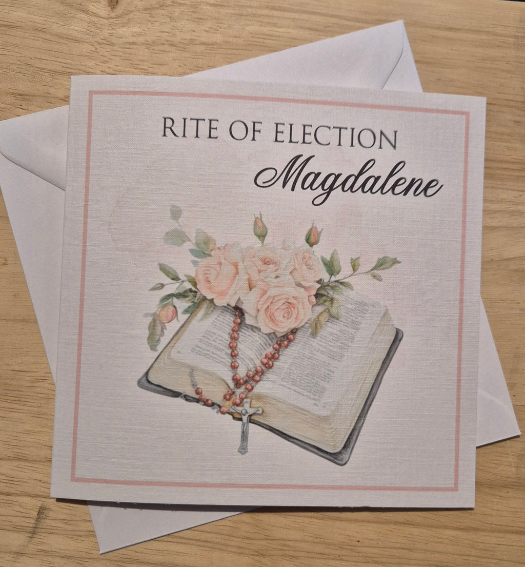 Personalised greeting card with 'Rite of Election' text, flowers and book illustration.