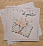 Personalised greeting card with 'Rite of Election' text, flowers and book illustration.