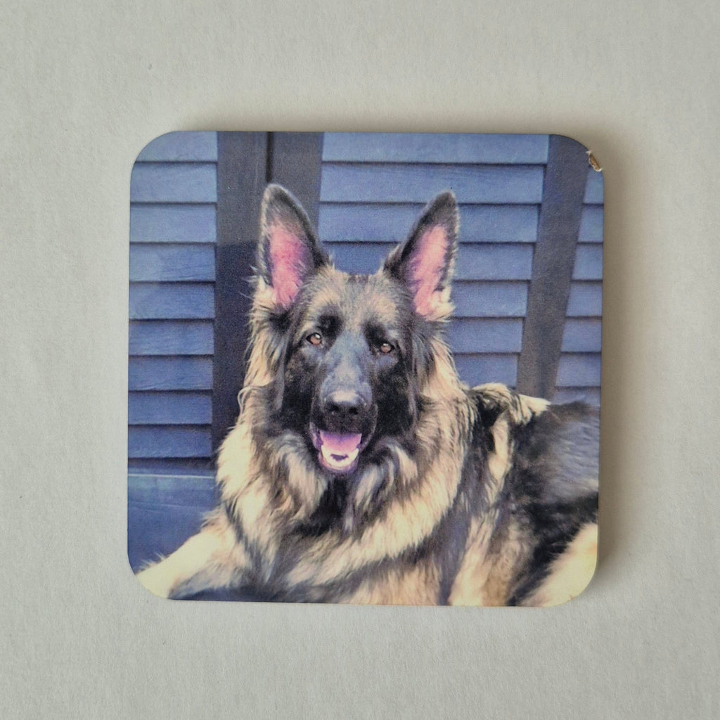 Coaster with a German Shepherd dog design on a gray background