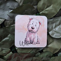 Coaster with a Westie dog illustration on a leafy background