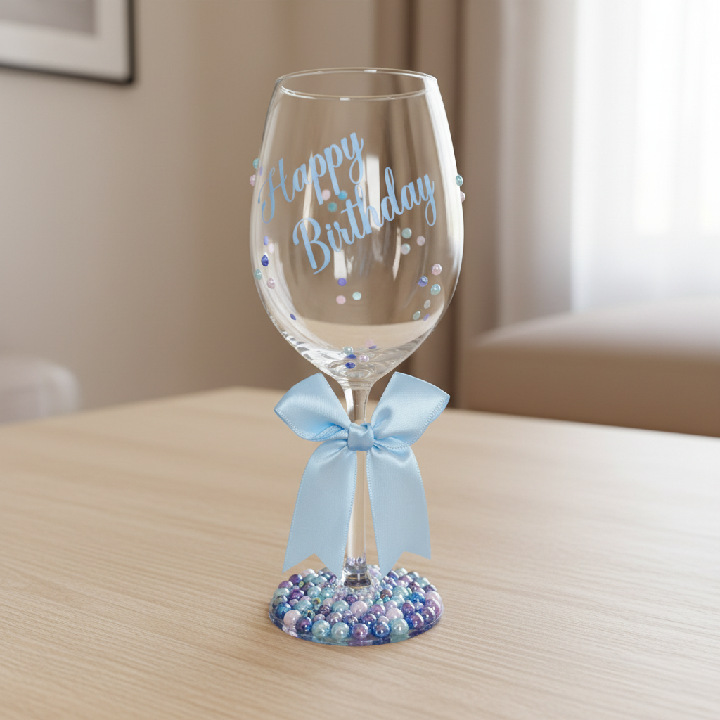 Wine glass with 'Happy Birthday' text, decorative beads, and a blue ribbon.
