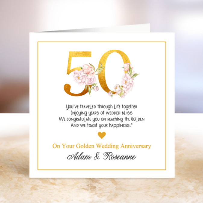 50th wedding anniversary card with floral design and personalized text.