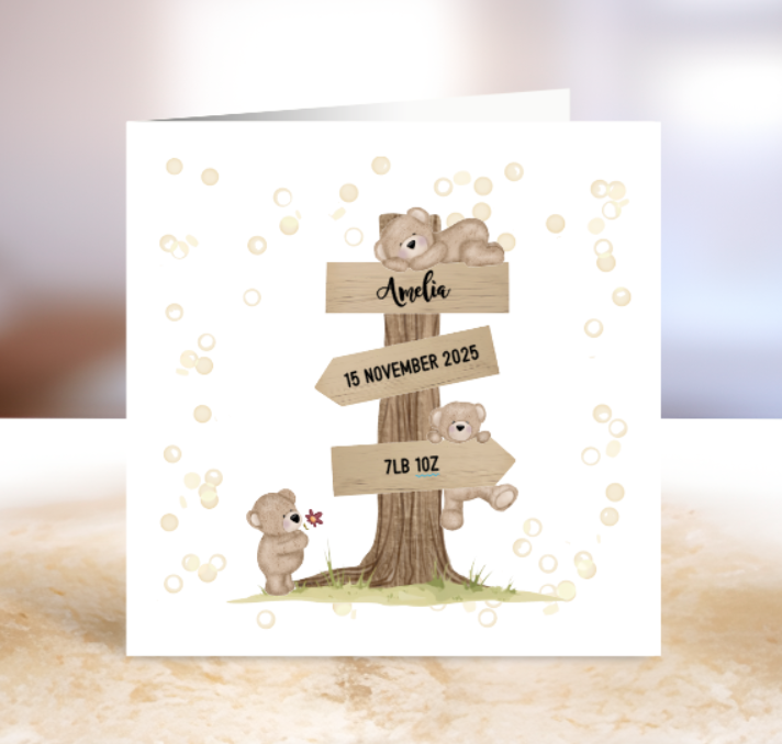 Personalised Baby Announcement Card – Cute Bear Keepsake
