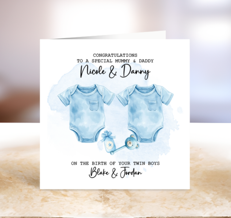 Personalised Twins New Baby Greeting Card - Custom Birth Details, Pink or Blue