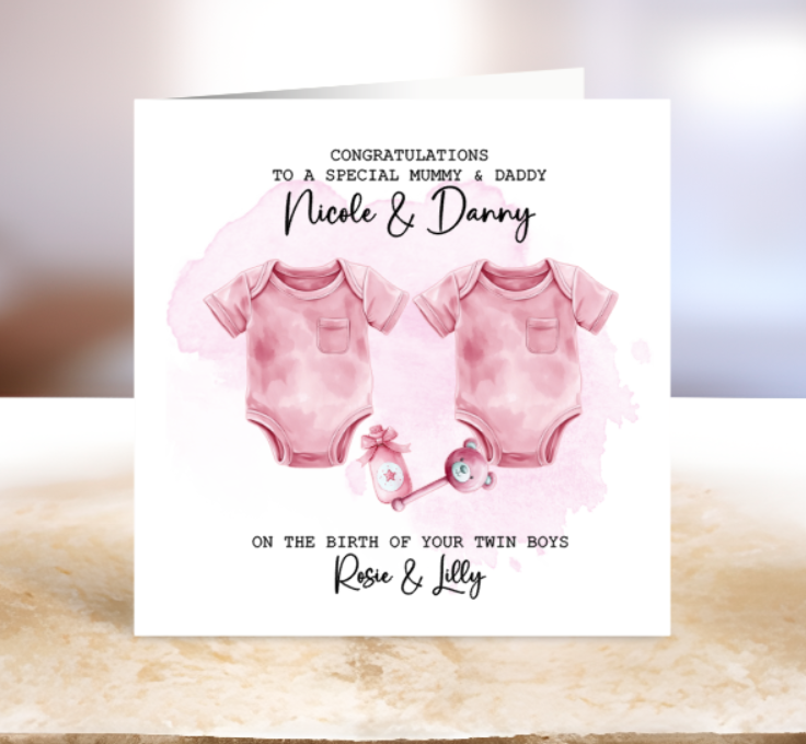Personalised Twins New Baby Greeting Card - Custom Birth Details, Pink or Blue