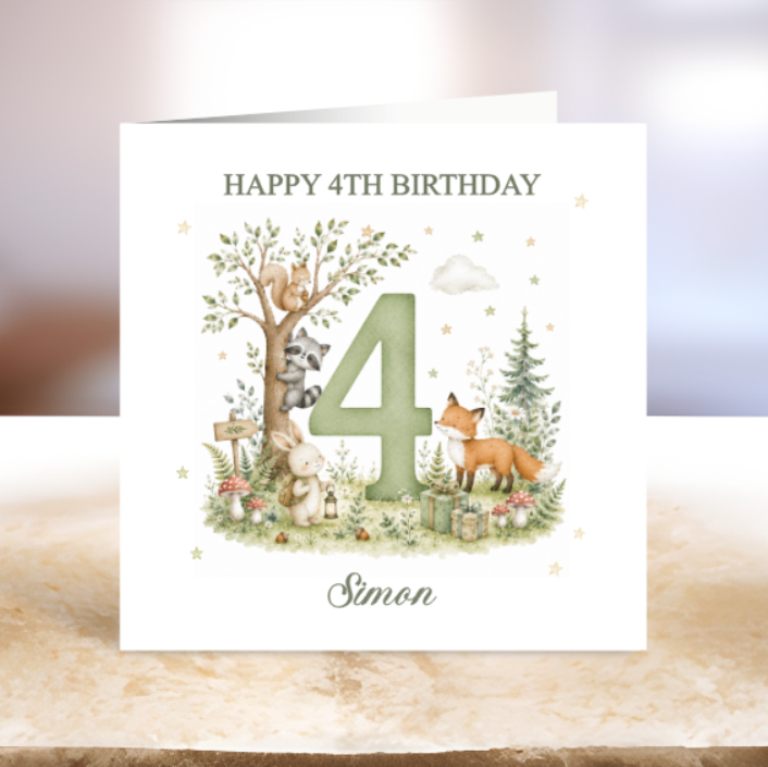 Woodland Themed 4th Birthday Card