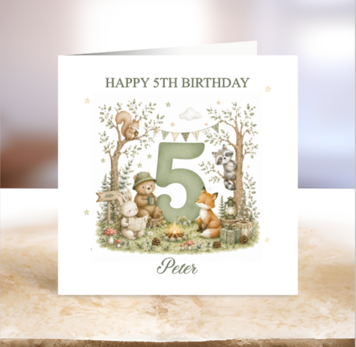 Woodland Themed 5th Birthday Card