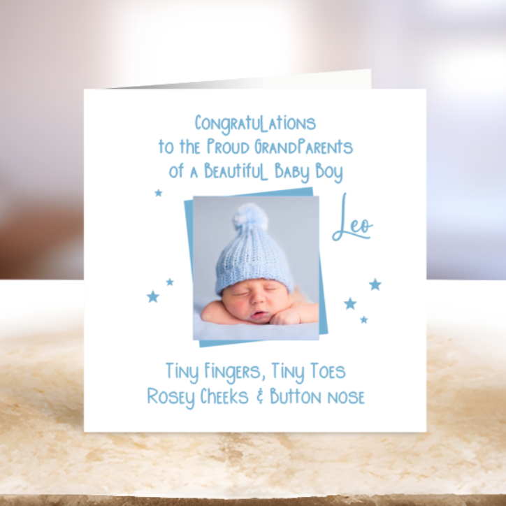 A personalised baby grandparent congratulations card.