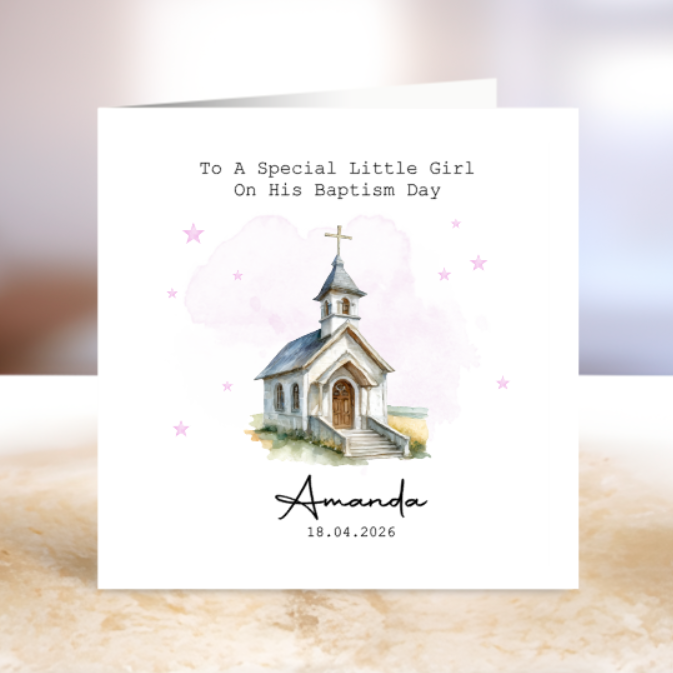 Baptism Card,Little Girl  with Church illustration