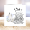 Christening card with a baby outfit illustration and personalized text .