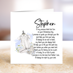 Christening card with a baby outfit illustration and personalized text .