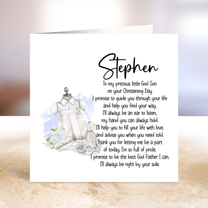Christening card with a baby outfit illustration and personalized text .