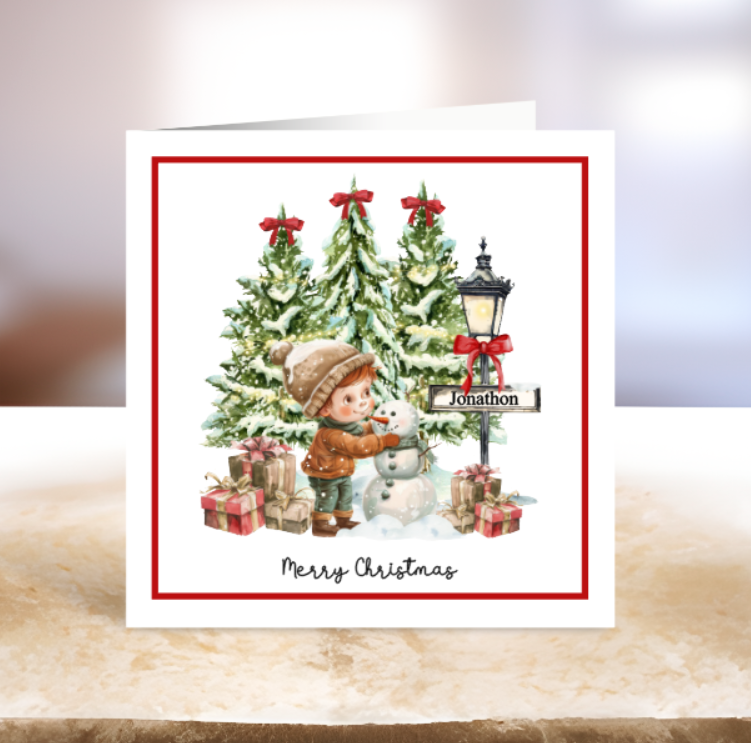 Personalised Vintage Boy & Snowman Christmas Card