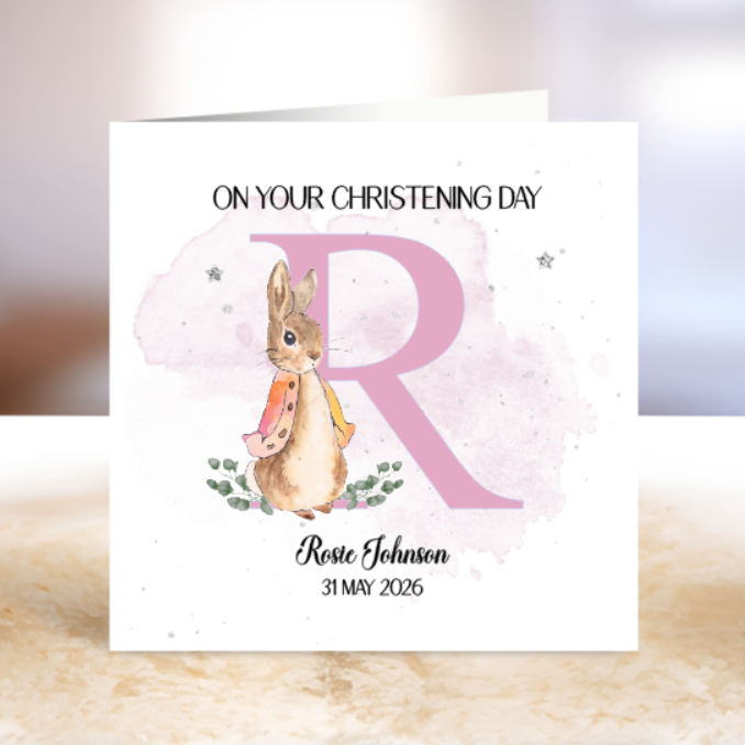 Personalised Christening card with a rabbit illustration.
