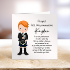 Greeting card for a First Holy Communion with a cartoon boy in a kilt on a white background.