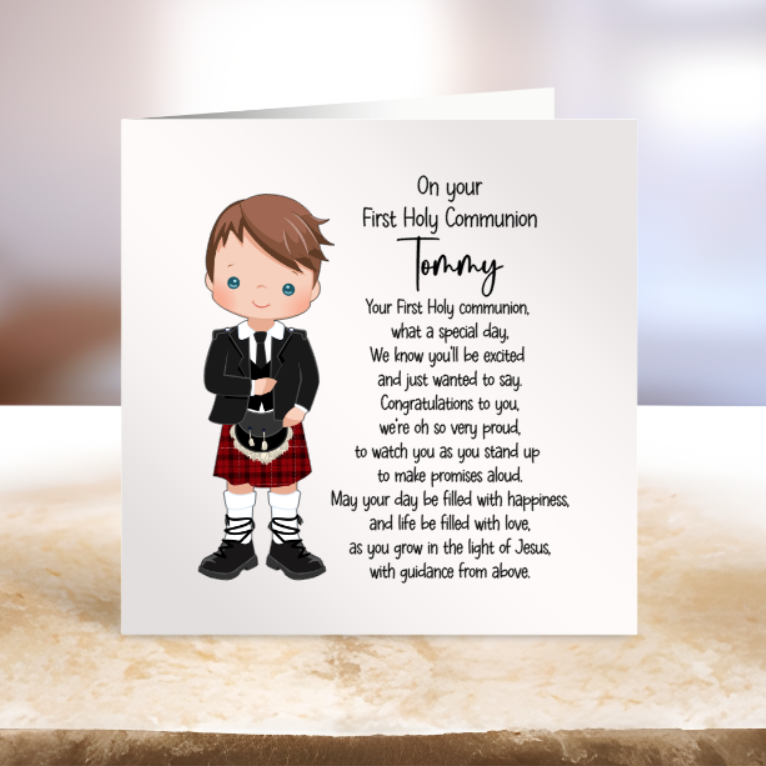 First Holy Communion Card - Personalise - Boy in Kilt