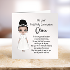 Greeting card for First Holy Communion with a illustration of a young girl in a white dress and text.