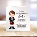 Greeting card for First Holy Communion , for son, with a cartoon boy in a suit and kilt.