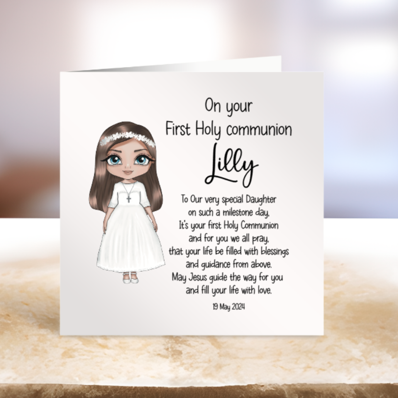 Personalized card for a First Holy Communion with a cartoon illustration of a girl in a white dress.
