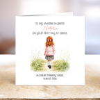 A personalised first-day-of-school card , school girl.