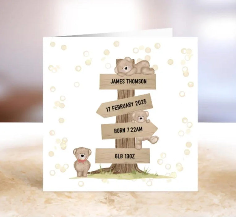 Personalised Baby Announcement Card – Cute Bear Keepsake