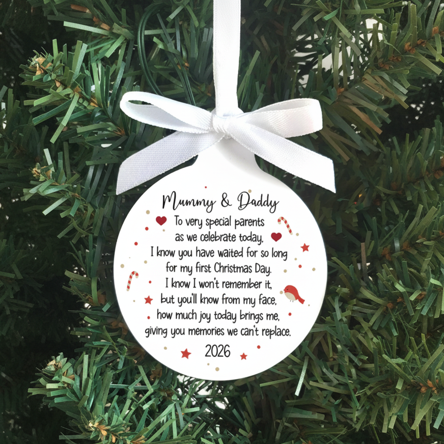 A round white Christmas ornament with a white ribbon bow, featuring a printed sentimental message for 'Mummy & Daddy' with small red hearts and stars, hanging against a green pine tree background.