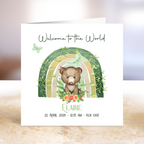 New baby card with a bear illustration and rainbow arch.