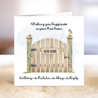 Greeting card with a wooden gate design and text 'Wishing you happiness in your New Home'.