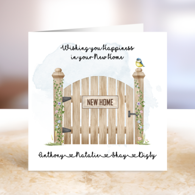 Greeting card with a wooden gate design and text 'Wishing you happiness in your New Home'.