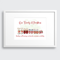 A white-framed personalized Christmas art print with the text 'Our Family at Christmas' and illustrated shoes at the bottom, shown against a light gray background.