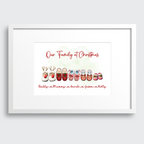 A white-framed personalized Christmas art print with the text 'Our Family at Christmas' and illustrated shoes at the bottom, shown against a light gray background.