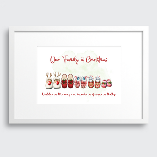 A white-framed personalized Christmas art print with the text 'Our Family at Christmas' and illustrated shoes at the bottom, shown against a light gray background.