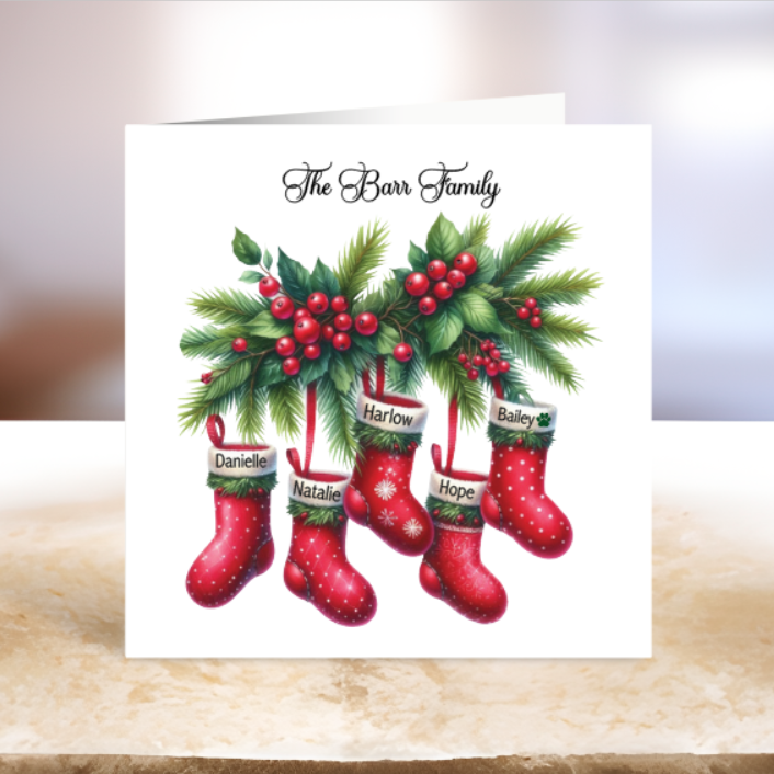 Festive Family Stockings Christmas Card - Personalised with Names