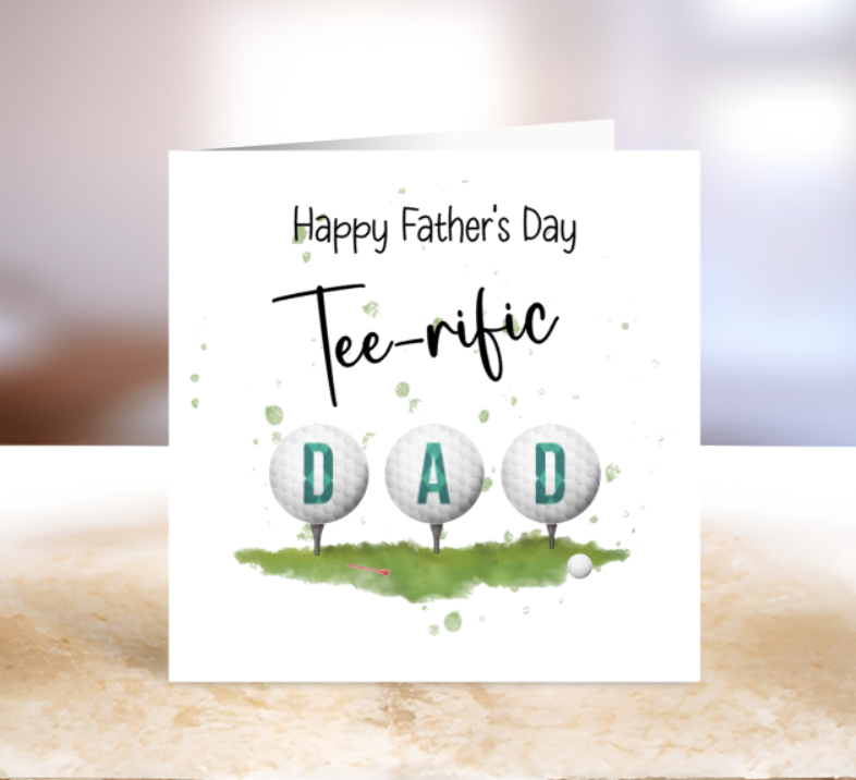 Father's Day card with golf balls and 'Tee-rific Dad' text 