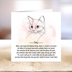 A square white memorial card featuring a black line drawing of a cat with a soft watercolor wash behind it.