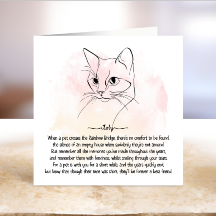 A square white memorial card featuring a black line drawing of a cat with a soft watercolor wash behind it.