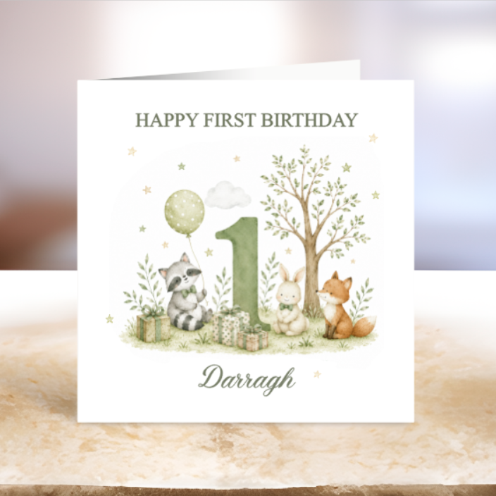 Woodland Themed First Birthday Card